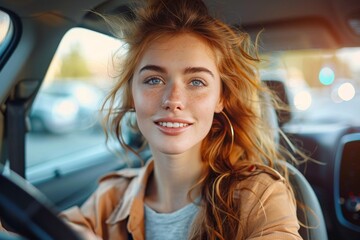 A happy woman with brown hair sits in a car, smiling and enjoying the freedom of the open road