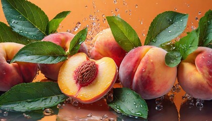 Against the warm orange backdrop, the peaches appear even more inviting and appetizing. - obrazy, fototapety, plakaty