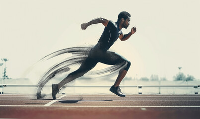 Dynamic image of a male athlete sprinting with motion blur effect, symbolizing speed and...