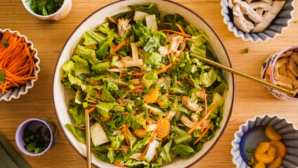 Healthy fresh salad with vegetables, chicken in bowl. Homemade delicious lunch with chicken, greens, arugula for restaurant, menu, advert or package, close up selective focus