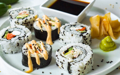 Sushi Roll Platter on white plate. Salmon sushi set, serving food for restaurant, menu, advert or package, close up, selective focus