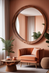 Lounge interior with an armchair and a coffee table made of natural wood. There is a round mirror on the wall. The walls are painted in color of Peach Fuzz. Color of the year 2024