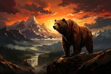 a bear is standing on top of a rock in the mountains at sunset - obrazy, fototapety, plakaty