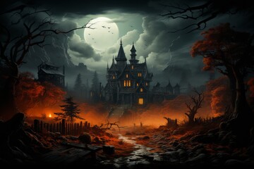 A spooky haunted house in a forest under a full moon on a cloudy midnight sky