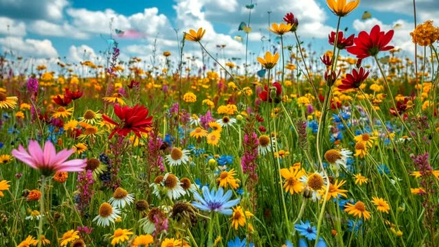 The amazing phenomenon of spring scenery with various kinds of beauty, colorful flower fields, , Seamless looping time-lapse 4k animation video background  Generated AI