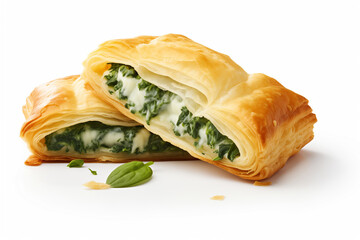 Puff pastry pie with spinach and cheese. Delicious snack on a white background - 738739530