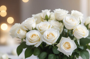 Obraz premium White roses bunch, blurred bokeh background. Defocused space for text placement. Horizontal panoramic banner. Fresh blossoming delicate rose frame, flowers festive floral card, selective focus, toned