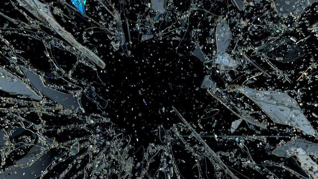 Glass shattered and broken in slow motion. Alpha matte. 3d render. 3d animation