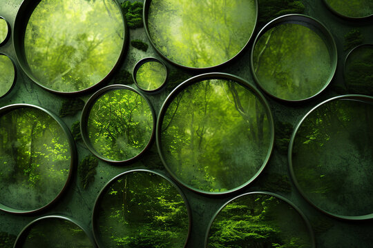 Abstract view of forest through circular green lenses