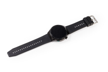Black smart watch with plastic strap on a white background
