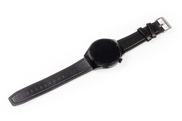 Black smart watch with leather strap on a white background