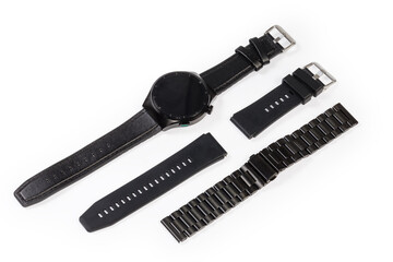 Black smart watch with leather strap, plastic strap, metal band