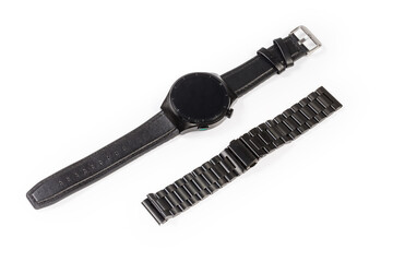 Black smart watch with leather strap and additional metal band