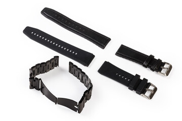 Black straps for wrist watch made with different materials