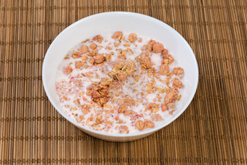 Muesli with dried fruits drenched in milk in bowl