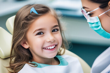 Portrait of a child being examined by a dentist. Lovely little girl smiling sitting in a dental chair. Child at the dentist.