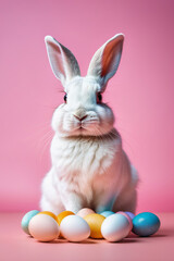 Easter bunny and colorful eggs on light pink background. Easter holiday concept. Happy Easter!