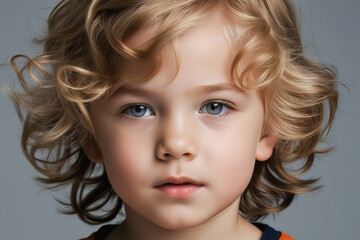 Naklejka premium Portrait of cute little model boy looking at camera. Closeup portrait of child isolated on light gray background