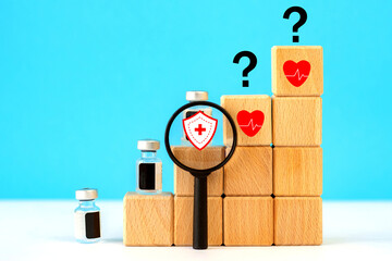  bottles, containers of medicines, vaccines.magnifying glass, wooden cubes, medical icons.