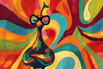 A vibrant peacock adorned with spectacles brings a whimsical touch to a psychedelic acrylic painting, merging the worlds of modern art and cartoon illustration in a mesmerizing display of visual arts