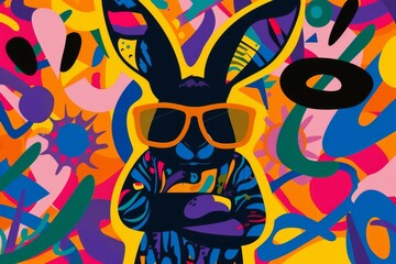A vibrant, trippy rabbit sporting sunglasses stands out against a backdrop of psychedelic art, showcasing a unique blend of cartoon, clipart, and graphic design elements