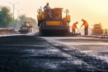Workers laying asphalt on the road, professional asphalt paving in Lisbon