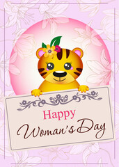 Woman's Day Congratulation Card with tiger and flowers and flower ornaments