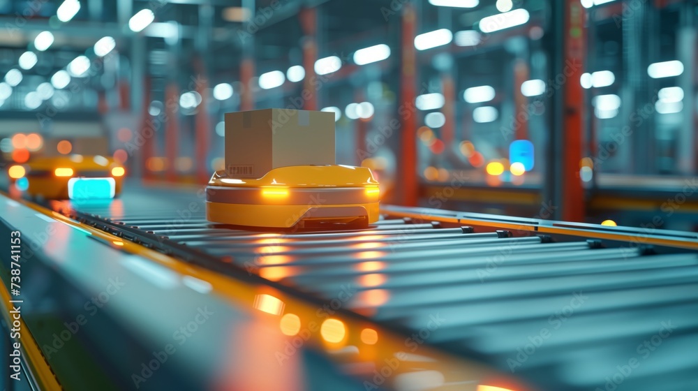 Aufkleber detailed view of a robotic agv arm engaging in automated package sorting on a conveyor belt in a mod