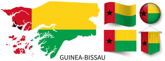 The various patterns of the Guinea-Bissau national flags and the map of Guinea-Bissau's borders
