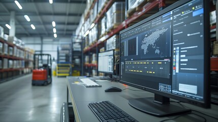 An advanced logistic software interface on a monitor with an operational AGV in the background, underscoring warehouse management innovation. - obrazy, fototapety, plakaty