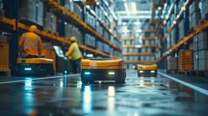 An AGV works alongside a safety-vested human worker in a warehouse, demonstrating the synergy of automation and human labor.