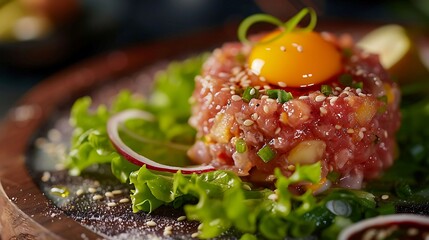 Korean yukhoe beef tartare with Asian pear, egg yolk, sesame oil, and gochujang, served with lettuce wraps