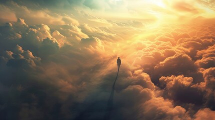 A lone figure braves the ethereal expanse, basking in the golden glow of the setting sun amidst a sea of billowing cumulus clouds, the warmth of the backlighting enveloping them in a dreamlike state  - obrazy, fototapety, plakaty