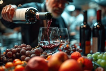 Close-up of a sommelier pouring red wine - obrazy, fototapety, plakaty