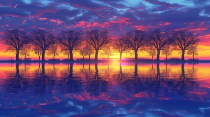 Fototapeta na wymiar A serene moment captured in nature as the sun sets over a tranquil lake, casting a warm afterglow on a group of trees, their reflections shimmering in the calm water under a dusky sky