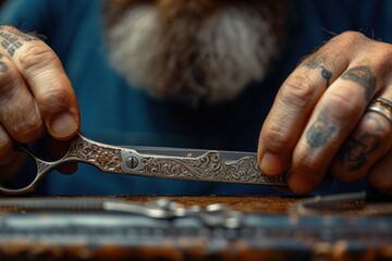 Detailed shot of a barber's hands trimming hair with vintage scissors.
