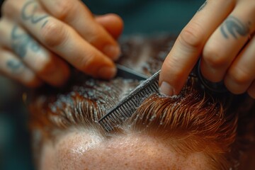Detailed shot of a barber's hands trimming hair with vintage scissors.