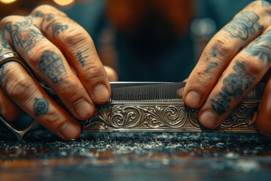 Detailed shot of a barber's hands trimming hair with vintage scissors.