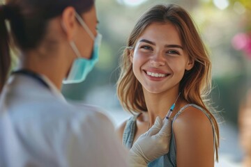 Woman receiving flu or HPV vaccination administered by a nurse