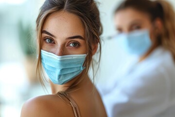Woman receiving flu or HPV vaccination administered by a nurse - obrazy, fototapety, plakaty