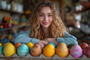 Fototapeta na wymiar A woman coloring Easter eggs
