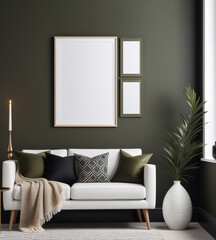 Frame mockup poster on dark wall background. Elegant living room interior with large white poster. Stylish home decor. Template.
