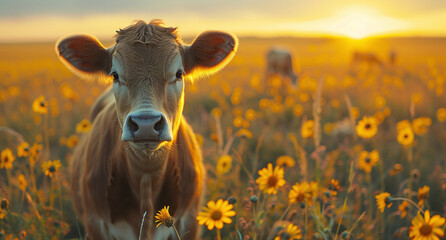 Curious cow standing in a sunflower field at sunset with warm golden light.