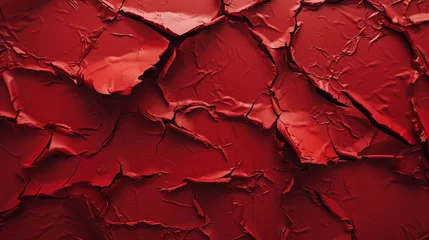 Foto op Aluminium This image features a deeply textured red surface with cracked patterns, suitable for abstract art concepts and vibrant background applications. © logonv