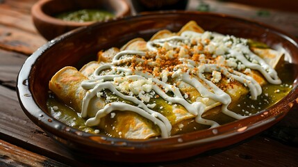 Mexican enchiladas verdes with chicken, rolled in corn tortillas and topped with salsa verde, cheese, and crema