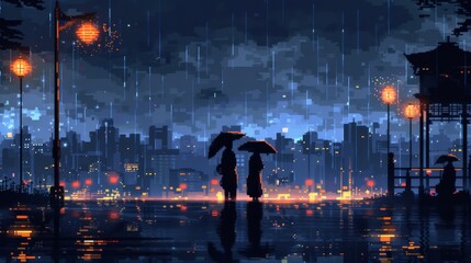 Amidst the bustling city streets, two figures brave the rainy night under their umbrellas, their silhouettes cast against the glowing lights, creating a picturesque scene of urban beauty and companio