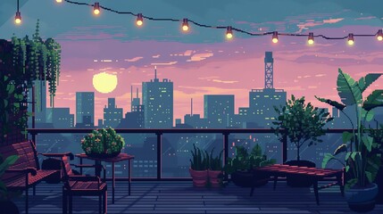 Amidst the bustling city, a sky-high balcony adorned with lush plants and twinkling lights offers a tranquil escape under the moonlit clouds - obrazy, fototapety, plakaty