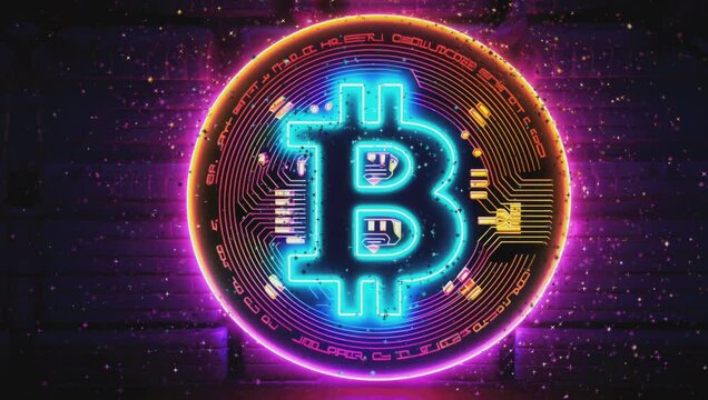 A cyberpunk-style Bitcoin symbol illuminated by vibrant pink and purple neons against a dark background, capturing the essence of futuristic finance