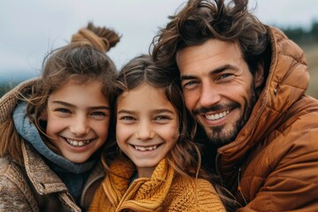 Fototapeta premium A joyous group of friends, bundled up in warm jackets and scarves, laugh and smile while posing for a selfie against a vibrant winter sky