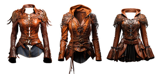 Steampunk female Leather medieval top, jacket or corset. Ancient civilization costume. Isolated on transparency. - obrazy, fototapety, plakaty